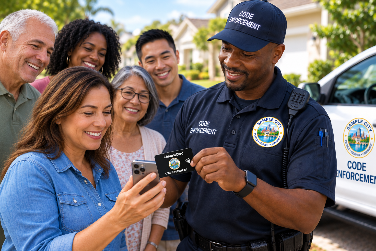 Code Enforcement Officer demonstrating ChatBotCard to residents